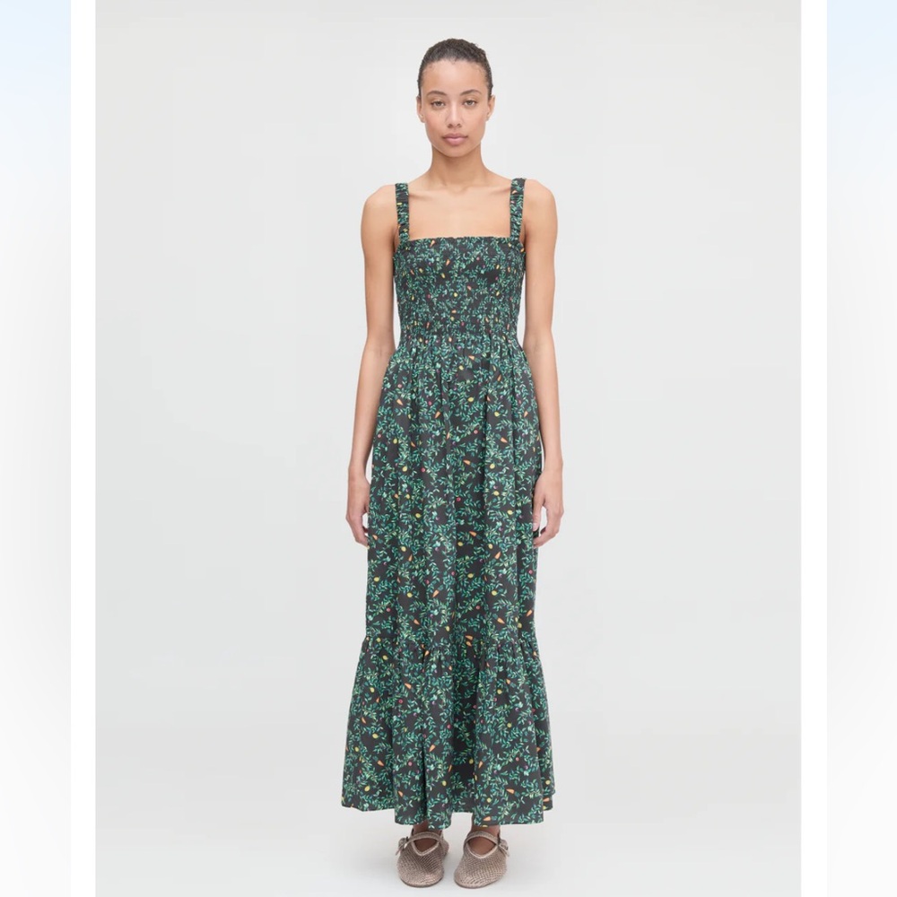 Hill House Anjuli Nap Dress in Black with Green Floral Print XS